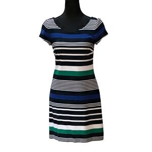 Banana Republic Striped Knit Shift Dress Blue, Green, White, Black. EUC Size 2